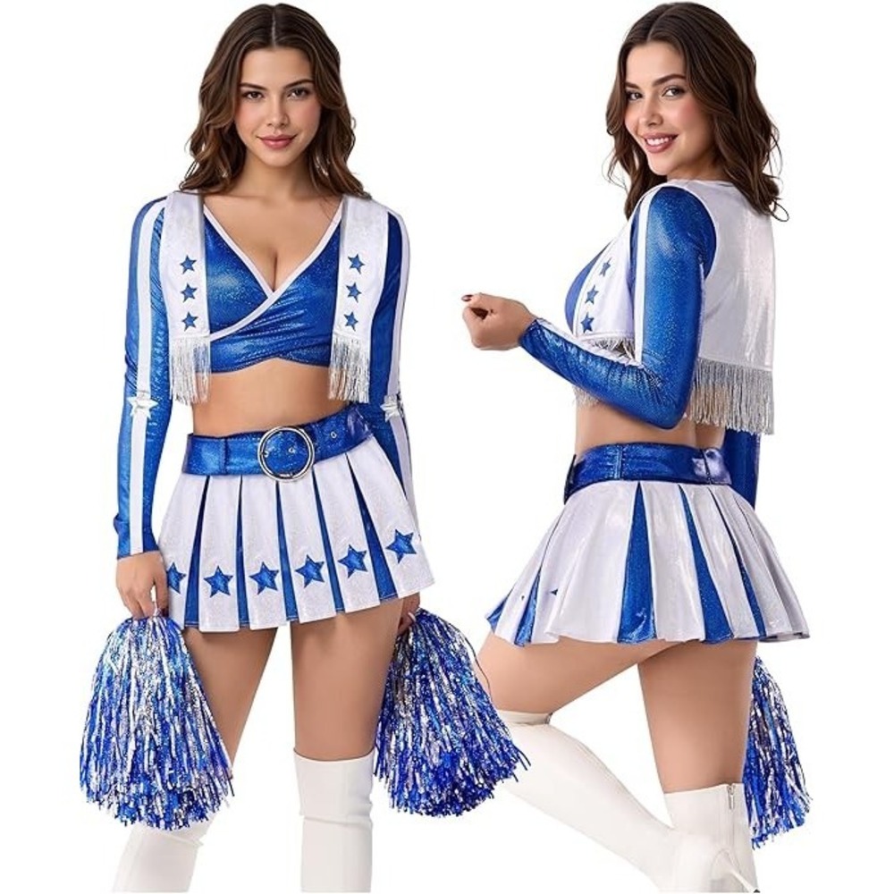 Spooktacular Creations Cowboys Cheerleader Costume Women Small 4 Pcs Blue White